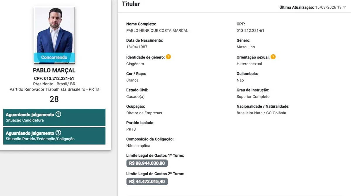 Pablo Marçal declara patrimônio de R$ 7,4 bilhões; vice diz ter R$ 495 milhões