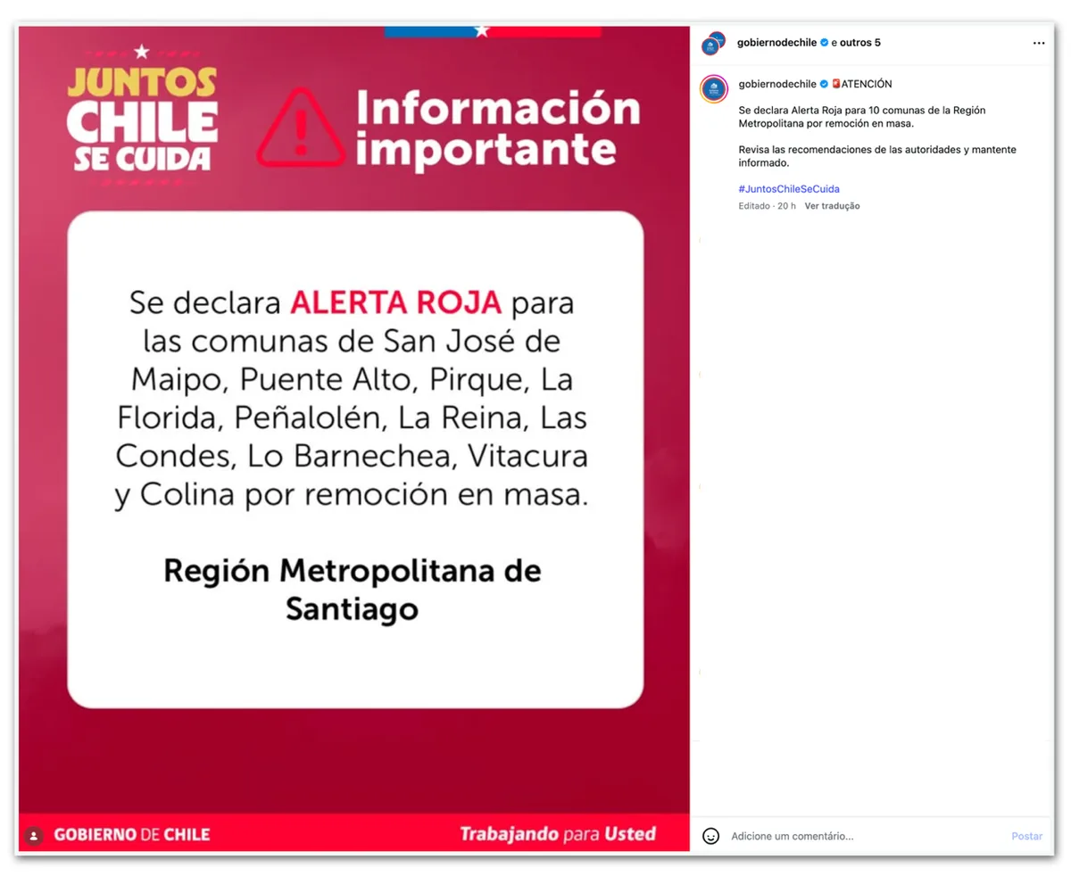 Chile decreta alerta vermelho depois de deslizamento em Santiago