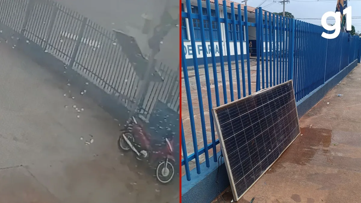 Temporal derruba estrutura com placas solares próxima à escola e atinge fiação em MT; vídeo