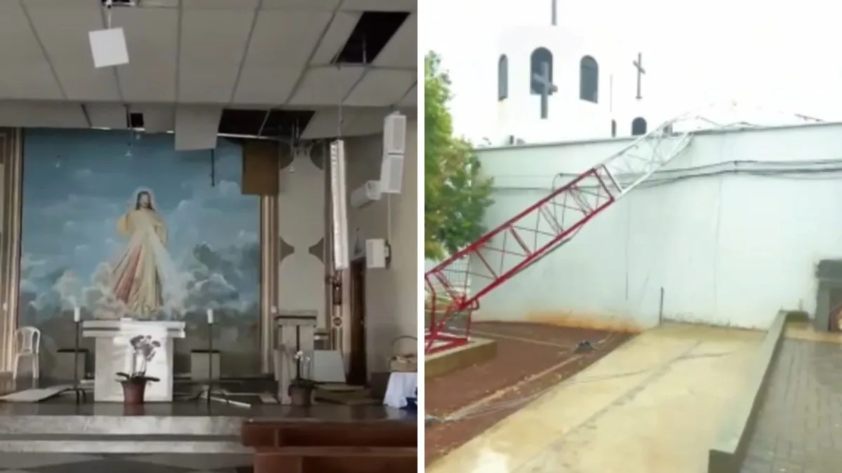 Torre de rádio cai sobre Igreja Nossa Senhora Aparecida e destrói parte do teto após forte ventania em SC