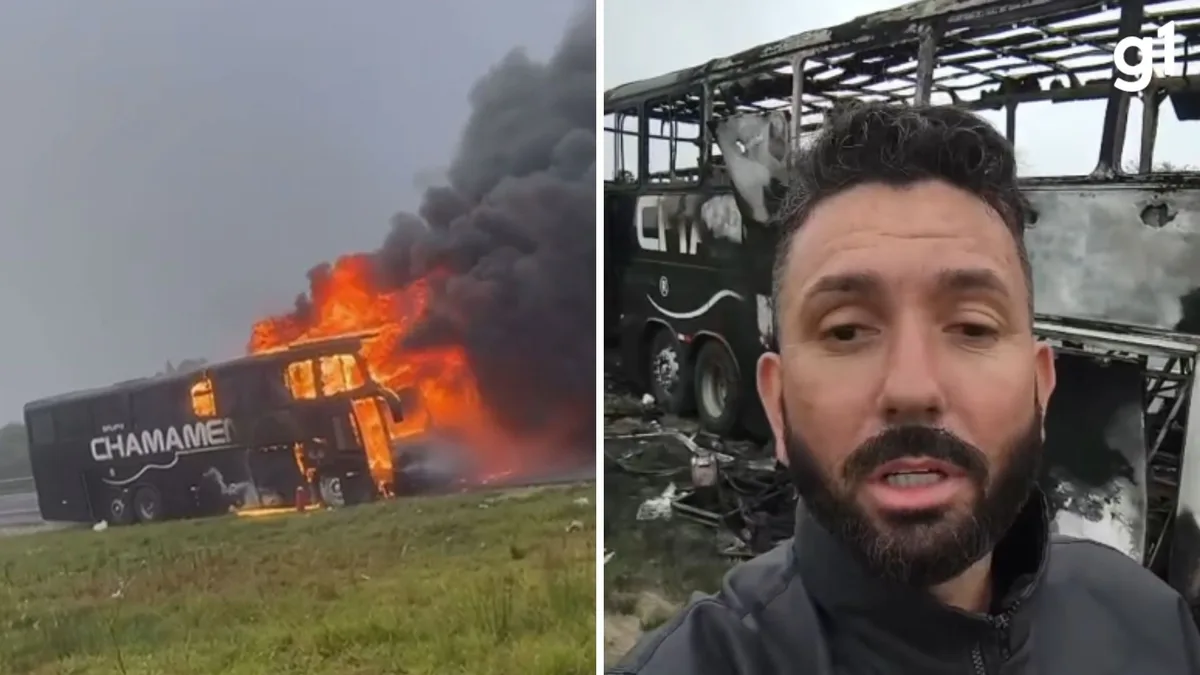Ônibus de banda do RS é destruído por incêndio em estrada com vocalista no volante: 'Só deu tempo de ver o fogo'