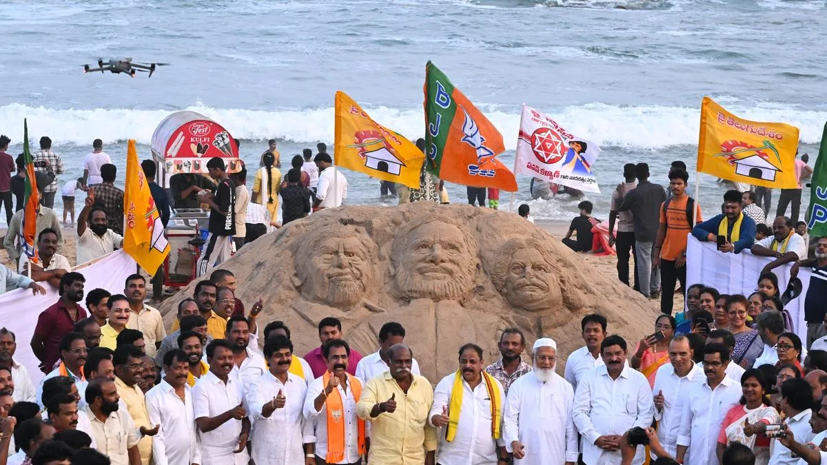 Sand sculpture of Modi, Naidu and Pawan at Visakhapatnam’s RK Beach marks PM’s 25 years in public life