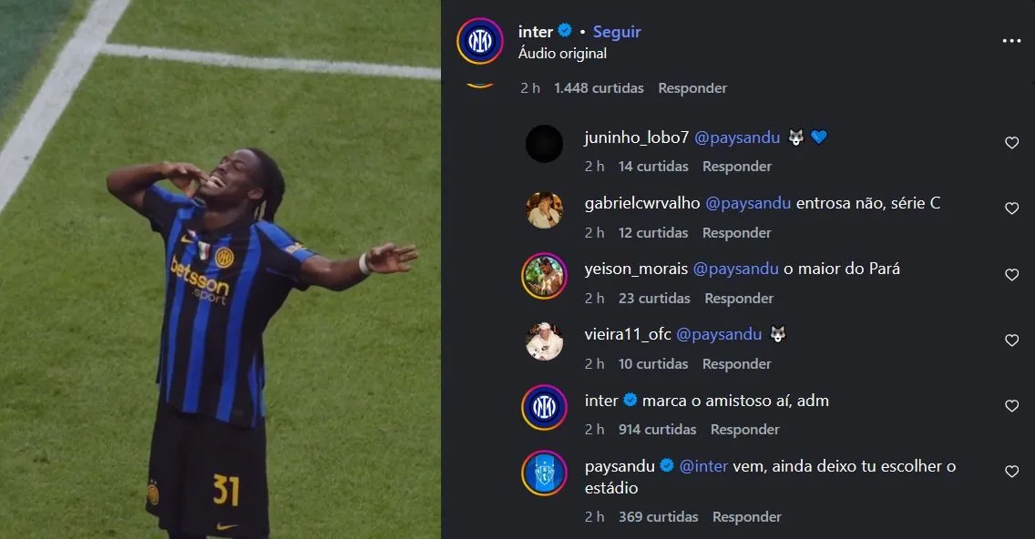 Inter de Milão sugere amistoso com Paysandu nas redes sociais