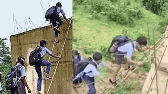 Swollen river below, unfinished bridge above: Kids brave raging water to reach school