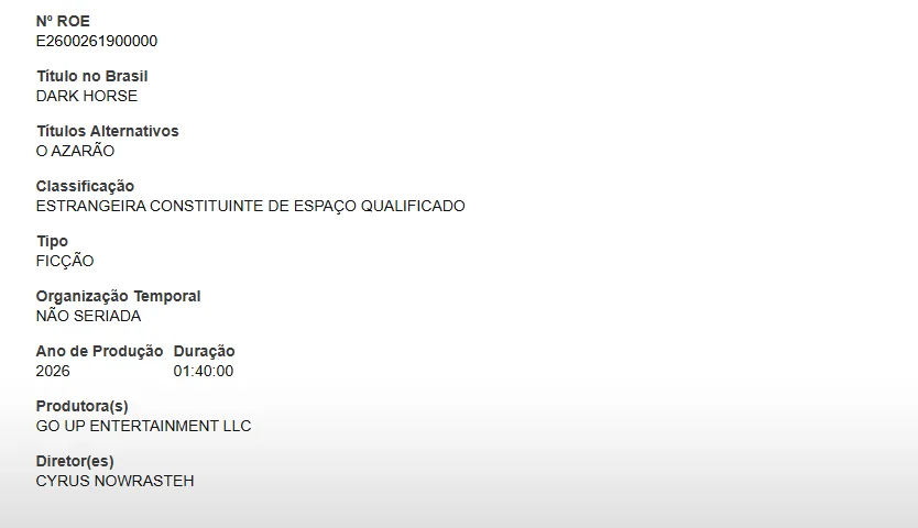 Ancine aceita pedido de registro do filme “Dark Horse” no Brasil
