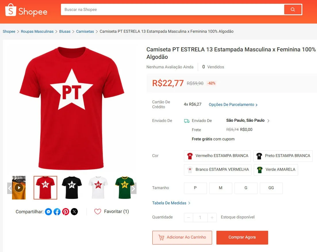 No Acre, Shopee é acusada de fazer propaganda subliminar para o PT com camiseta vermelha