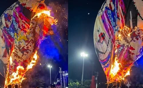 Globo se incendia durante Festival del Globo en Tahmek; asistentes presencian momento de alarma