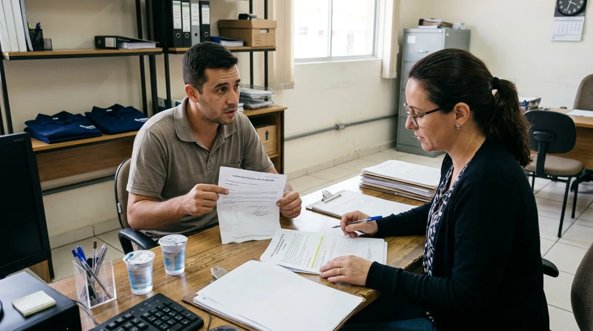 Funcionário entrega o uniforme no último dia de trabalho, encontra uma cobrança pelas peças no acerto da rescisão e procura o departamento pessoal, mas o recibo assinado pelo supervisor mostra que a devolução ocorreu antes do desligamento