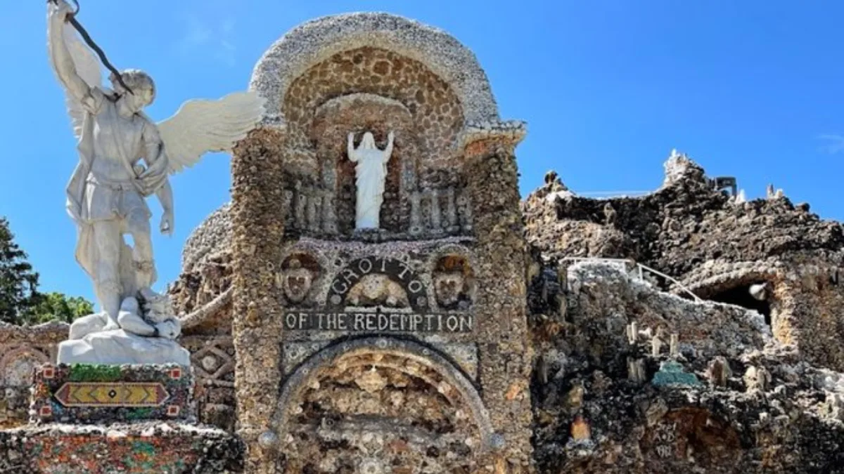 An Iowa priest vowed to build a shrine if he survived pneumonia; after recovering, he spent 42 years using over 100 train carloads of stone to create it