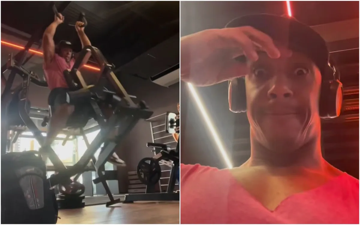 Lutador se assusta após máquina de academia tombar com ele durante treino; vídeo