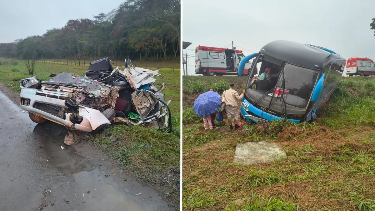 VÍDEO: carro fica destruído após bater de frente com ônibus com turistas a caminho do Convento da Penha; sete ficaram feridos
