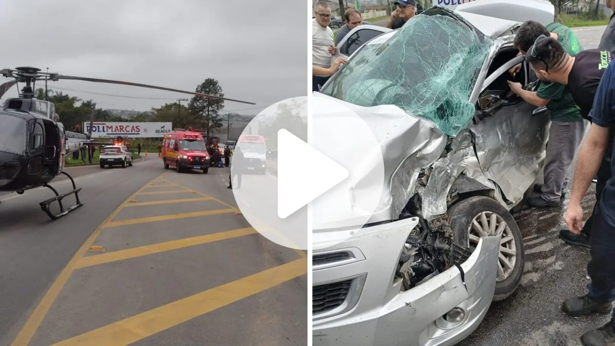 Homem fica preso às ferragens e rodovia é interditada no Sul de SC após colisão entre caminhão e carro