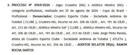 Cruzeiro x Atlético-MG: STJD marca para véspera do clássico julgamento de Kaio Jorge por falta em Ruan