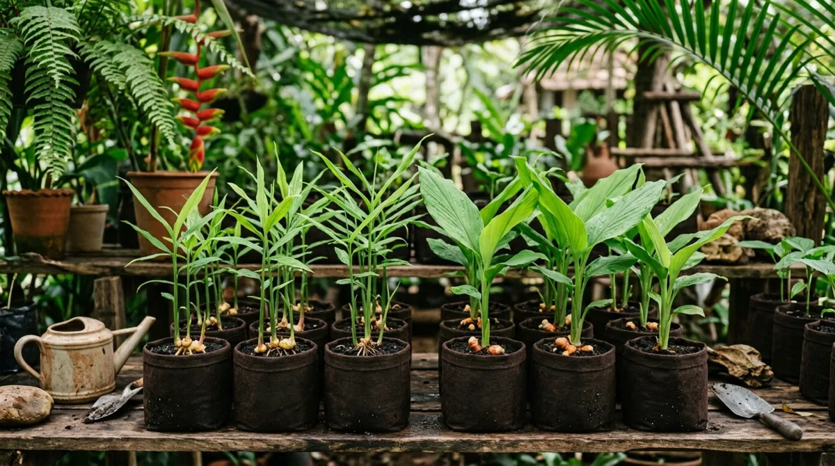 Produza mudas pré-enraizadas de gengibre e cúrcuma em sacos de cultivo aproveitando a sombra do muro