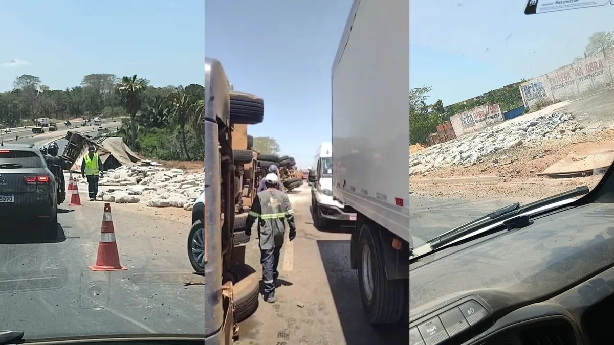 Caminhão tomba e pessoas tentam furtar carga de arroz na BR-343, na Zona Sudeste de Teresina; vídeo