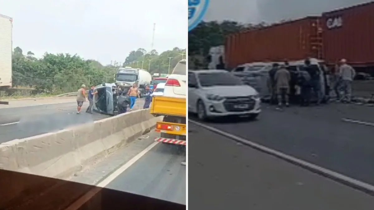 Carro capota e interdita faixa da Rodovia do Contorno em Cariacica