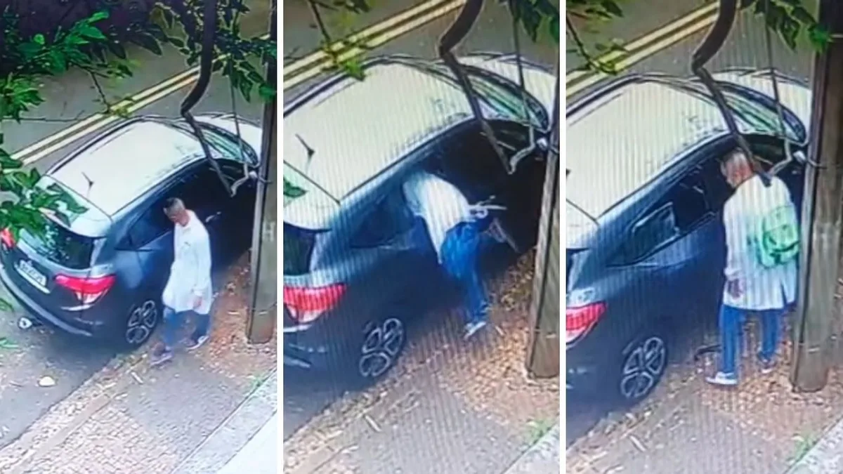 Disfarçado com jaleco, criminoso quebra vidro e furta objetos de carro em plena luz do dia; VÍDEO