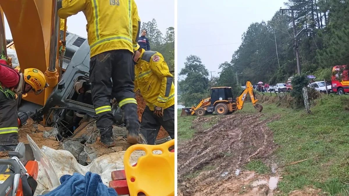 Trabalhador fica preso por 9 horas entre ponte e retroescavadeira após queda em ribanceira em SC
