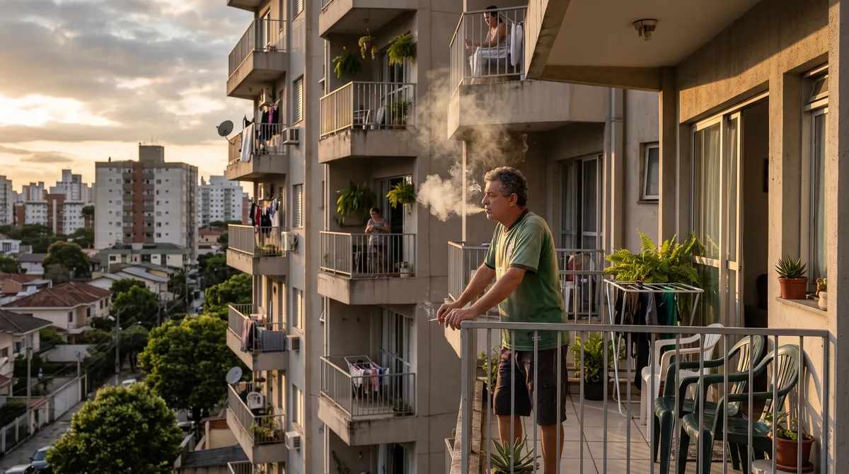 Morador fuma na varanda todos os dias e a fumaça invade constantemente a sala do apartamento de cima, vizinho alega problemas respiratórios na família e exige a proibição amparado nas regras do direito de vizinhança