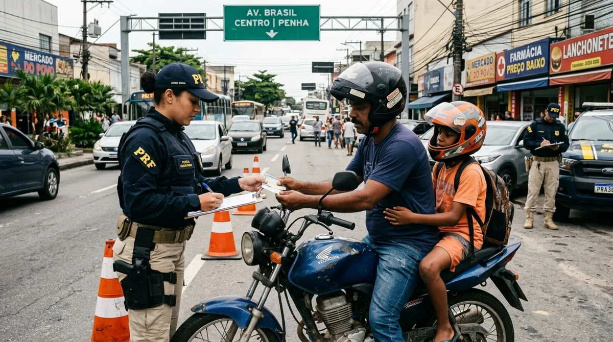 Motociclista é abordado levando filho na garupa, agente questiona a idade da criança e pai afirma que ela consegue se segurar perfeitamente, policial explica o limite que pode impedir a viagem