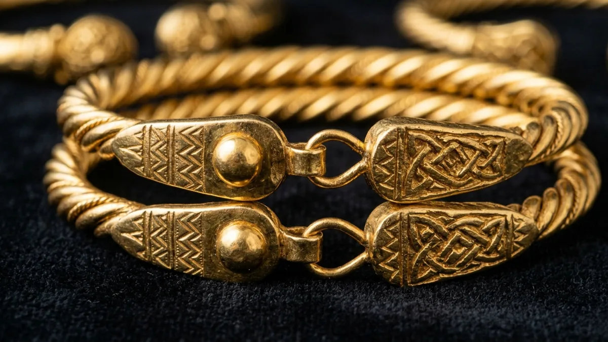 Um morador viu dois anéis dourados soltos numa trilha de floresta, achou estranho, avisou o museu, e a escavação que veio depois recolheu seis braceletes vikings somando 762,5 gramas de ouro no mesmo ponto