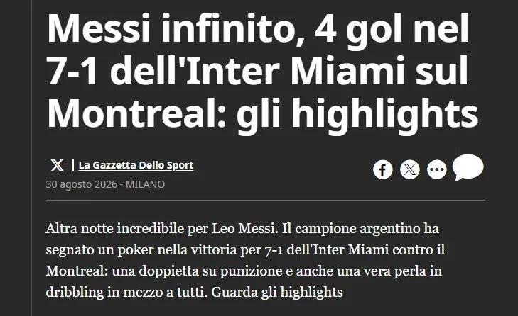 "Messi infinito": imprensa europeia se rende a argentino após quatro gols pelo Inter Miami