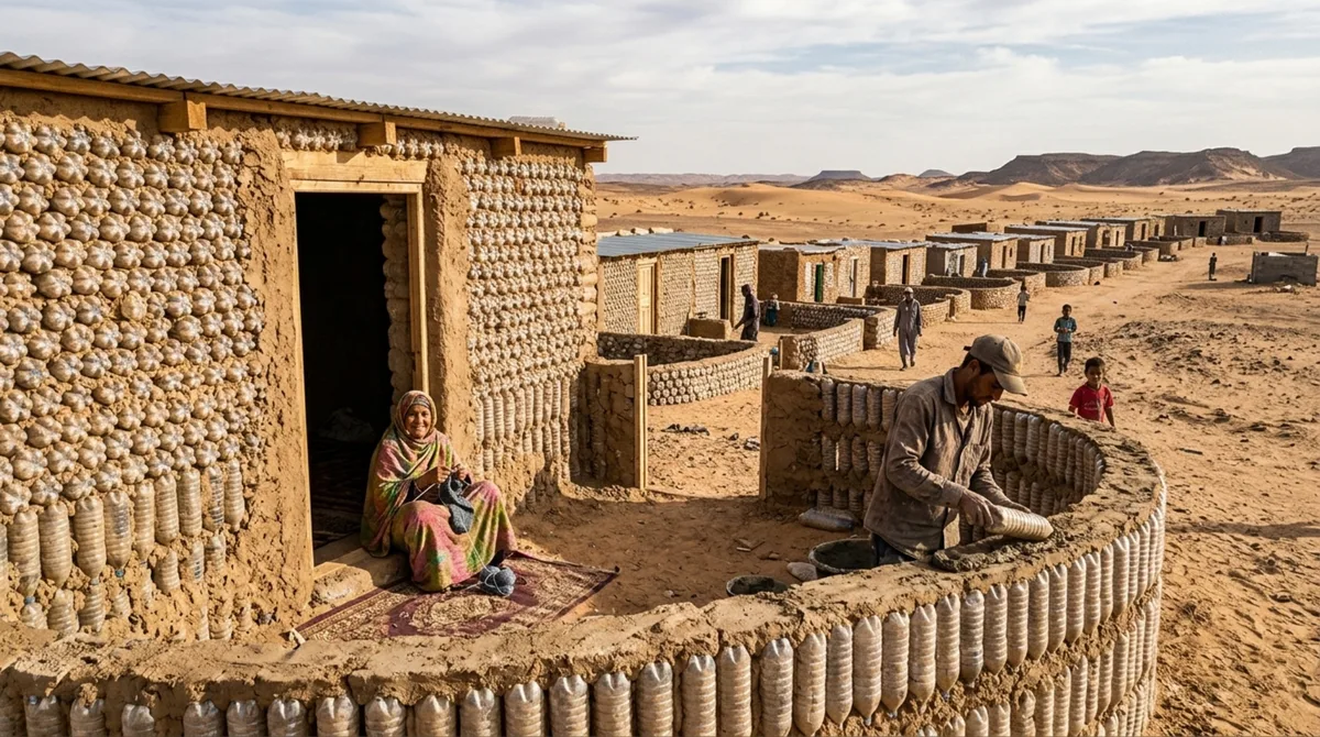 Em 2016, um engenheiro refugiado encheu milhares de garrafas plásticas com areia para construir uma casa mais segura no deserto para sua avó; O experimento expandiu-se para 25 casas