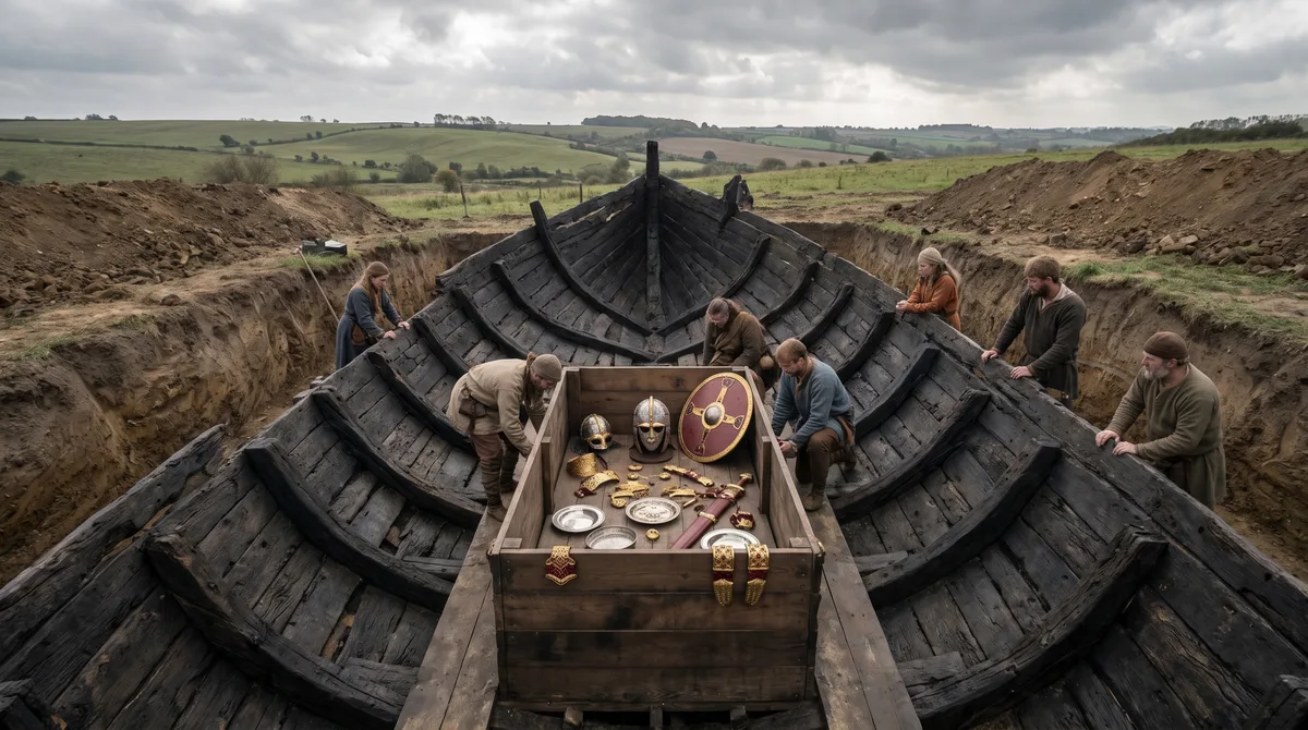Um navio funerário de 27 metros desapareceu quase inteiro sob o solo inglês porque a acidez destruiu madeira e restos humanos, mas o molde da embarcação, objetos metálicos e fosfato no chão revelaram que Sutton Hoo realmente guardava um corpo