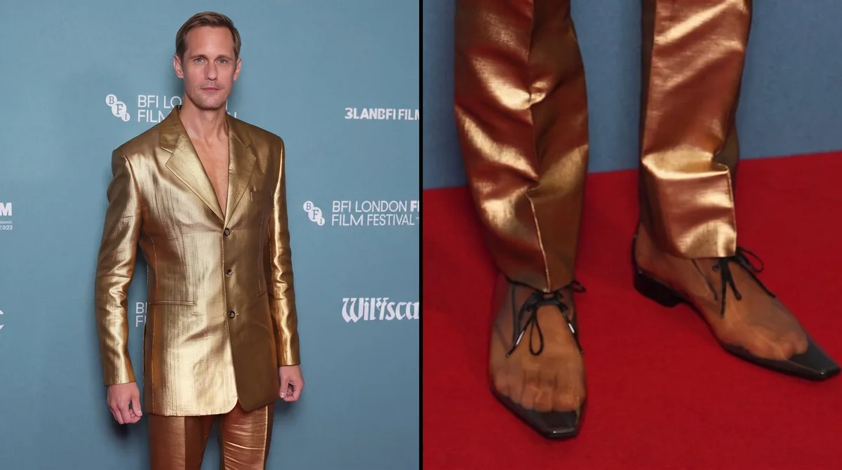 El actor que rompió el protocolo en el Festival de Cine de Londres: traje dorado sin camisa y zapatos transparentes sin medias
