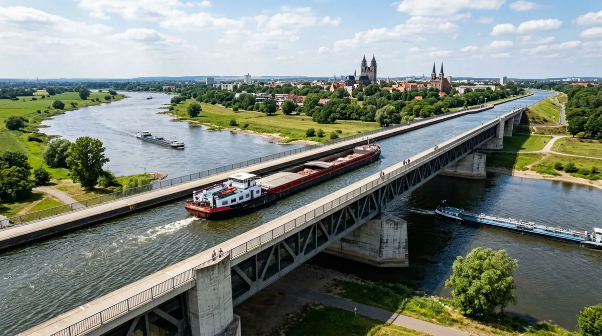 Na Alemanha, barcos conseguem atravessar um grande rio sem tocar em suas águas porque uma ponte de 918 metros carrega literalmente um canal navegável inteiro sobre outra via aquática