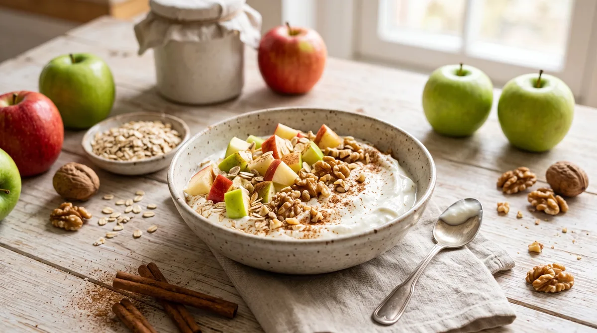Yogur griego con canela y manzana: una opción de desayuno con proteína y fibra para evitar picos de glucosa