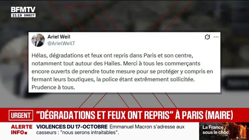 Rassemblement à Paris: "Des dégradations et feux ont repris dans Paris et son centre", annonce le maire Ariel Weil sur X