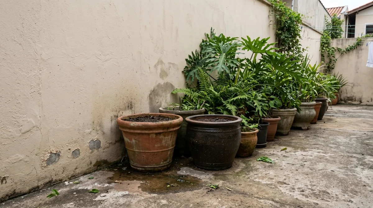 Moradora coloca vasos grandes ao longo do muro para ter mais privacidade e meses depois encontra manchas de umidade aparecendo do outro lado da parede