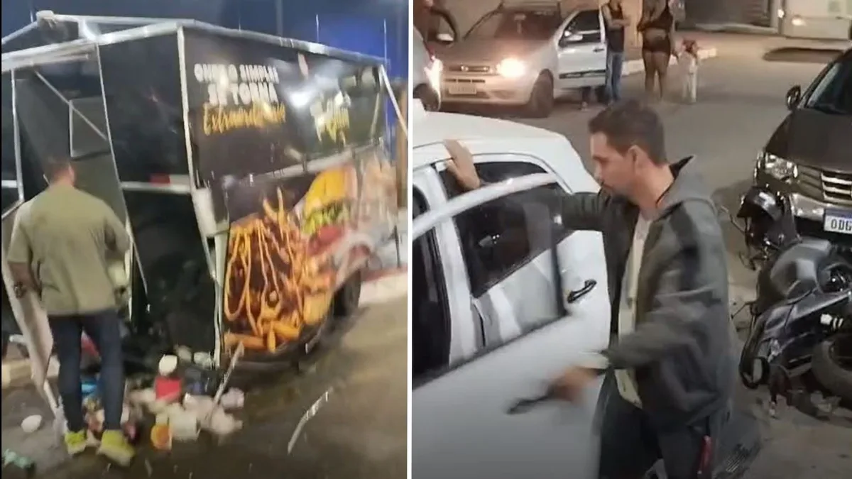 Motorista sem carteira atinge trailer de lanches em praça de Linhares; funcionário se queima com óleo quente