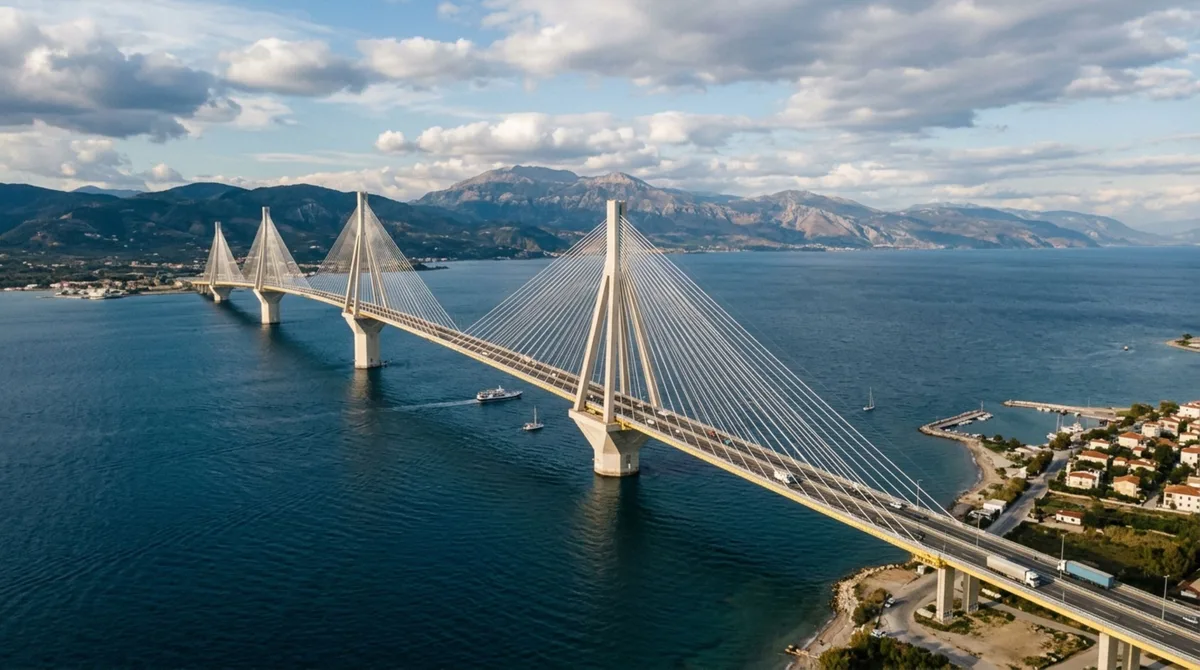 Em uma região da Grécia onde o fundo do mar chega a cerca de 65 metros e terremotos podem deslocar o terreno, uma ponte de mais de 2 quilômetros precisou ser apoiada sobre fundações gigantes sem encontrar rocha firme mesmo a 100 metros de profundidade