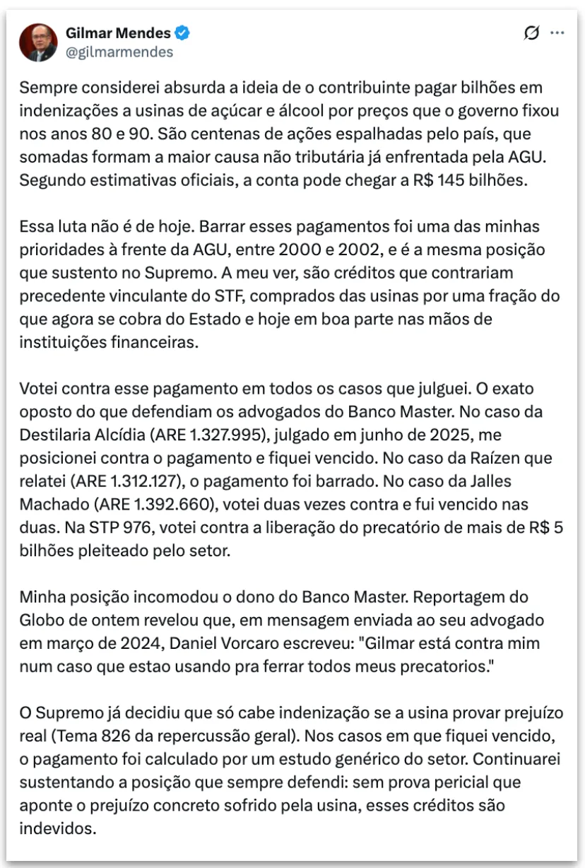 Gilmar diz que votos contra indenizações a usinas incomodaram Vorcaro