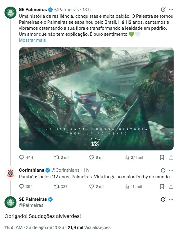 Corinthians parabeniza Palmeiras pelo aniversário de 112 anos: "Maior Dérbi do mundo"