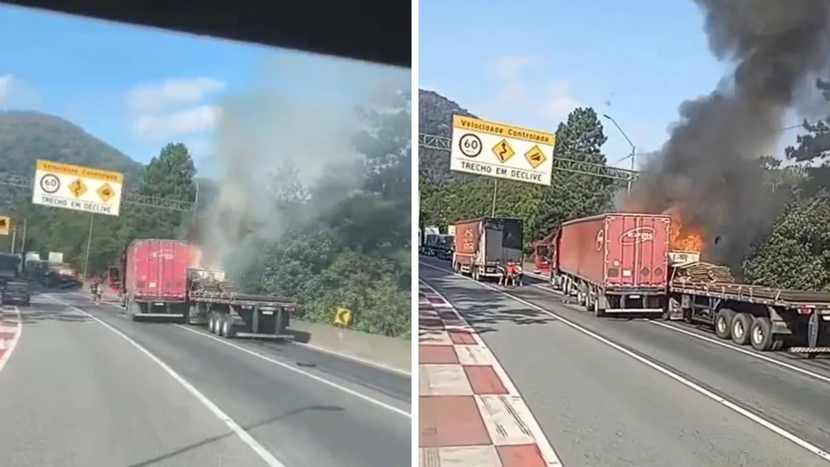 VÍDEO: Choque entre carretas provoca incêndio na BR-376 em direção a SC; trânsito segue lento