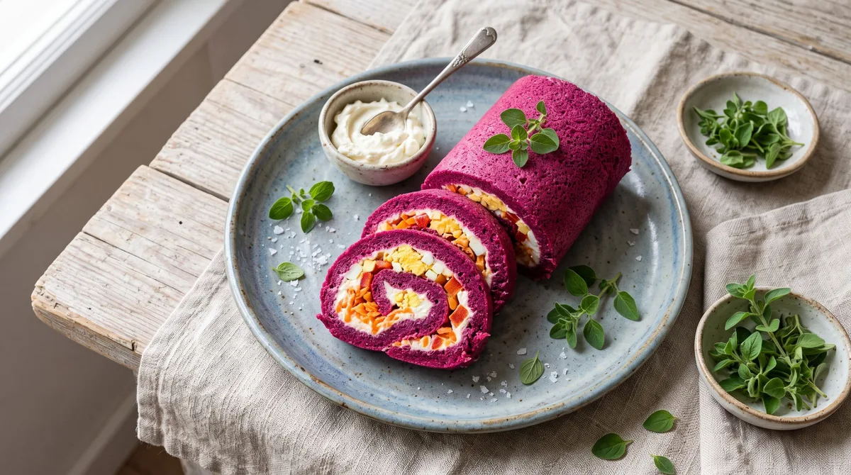 Receta de roll de remolacha relleno con huevo y vegetales, rápida y fácil