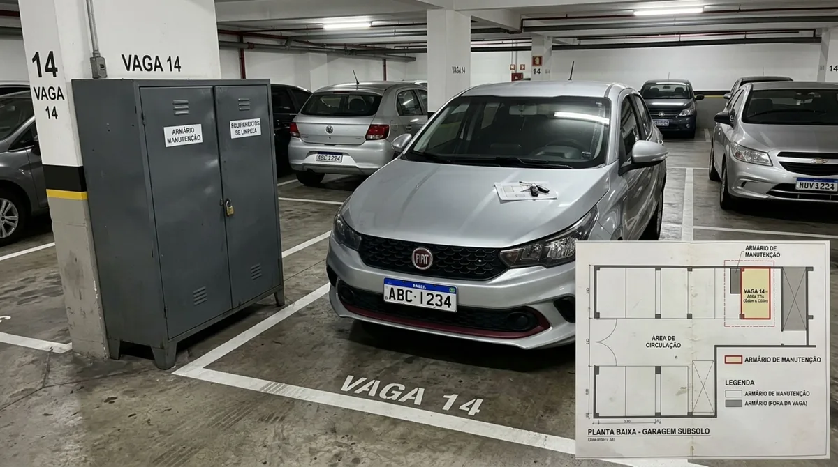 Morador instala armário fechado ao lado da vaga e utiliza o espaço por uma década, mas condomínio troca a administradora e planta da garagem revela que o local nunca pertenceu à unidade