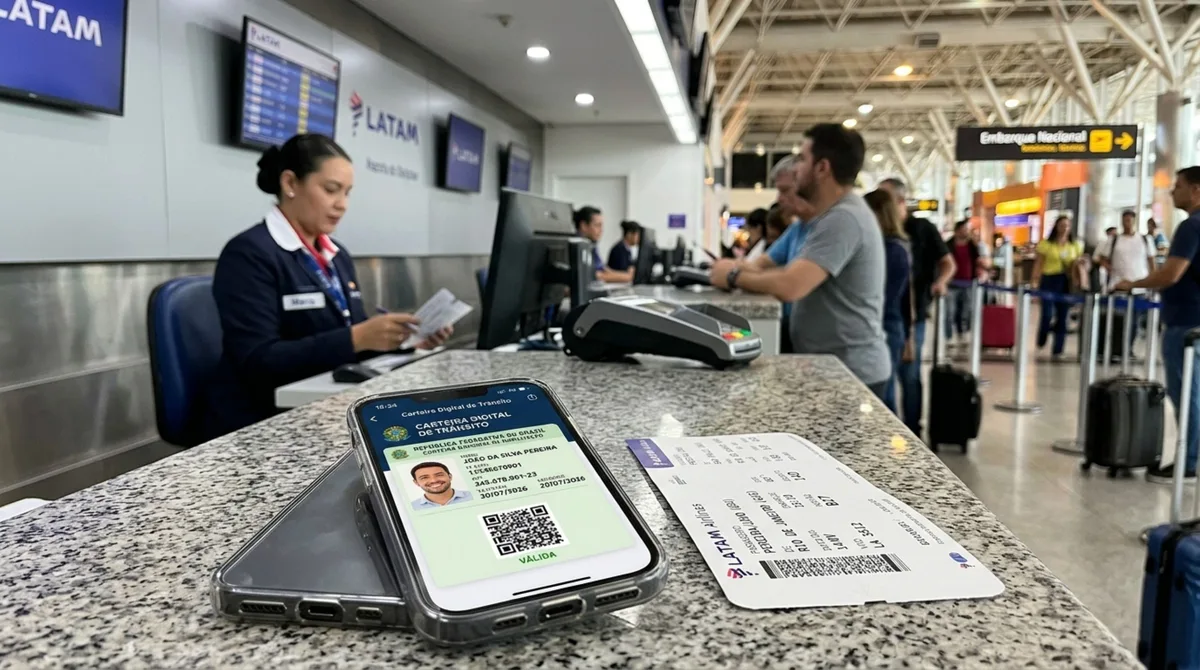 Passageiro chega ao aeroporto para embarcar, funcionário solicita documento com foto e ele apresenta a CNH Digital no celular, viajante diz que deixou a carteira física em casa e é questionado no portão