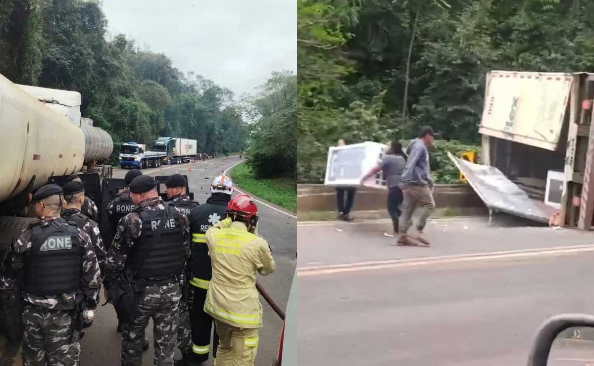 Confronto na BR-277! Geladeiras são saqueadas após acidente com carreta enquanto policiais e socorristas tentam salvar motorista