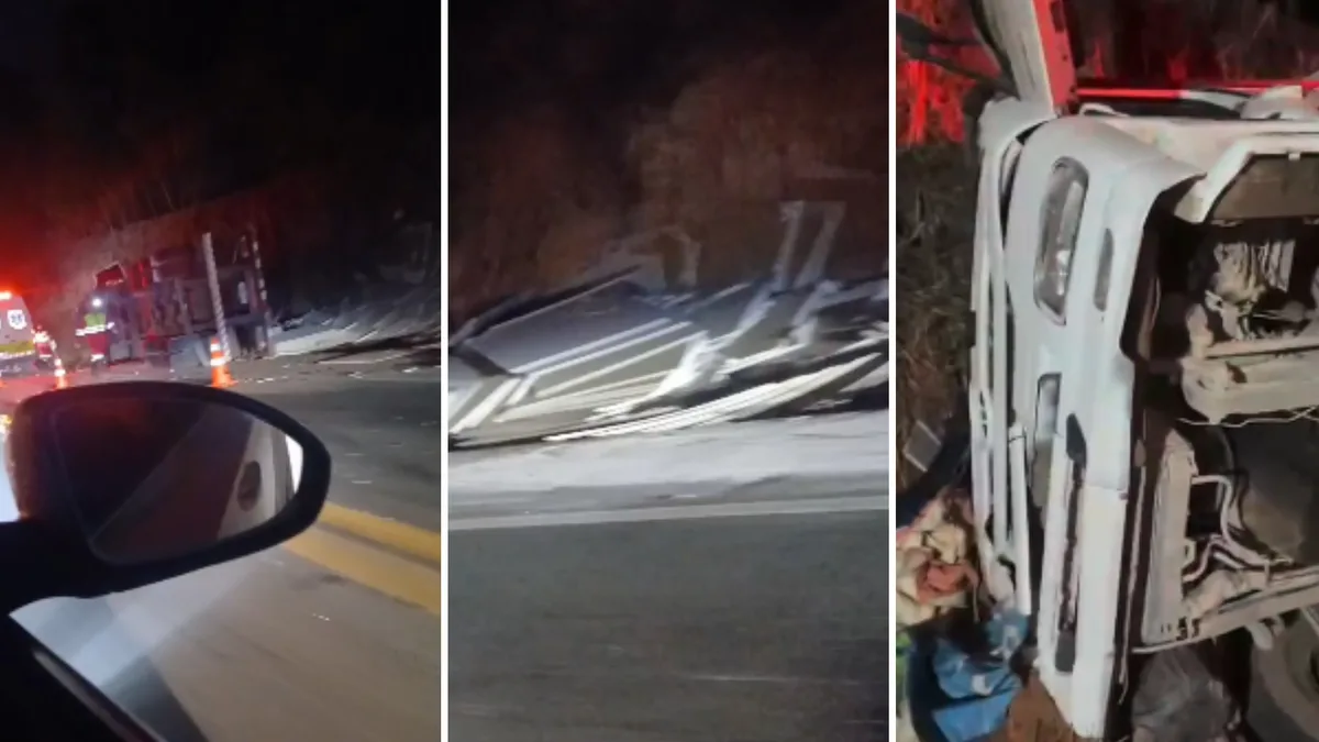 Motorista fica ferido após carreta com gesso tombar na BR 101 em Itapemirim