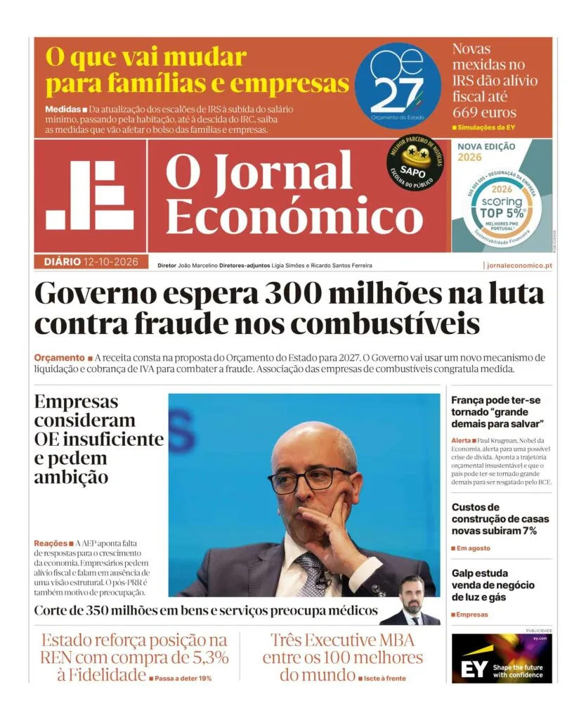 A primeira página do Jornal Económico de 12 de outubro