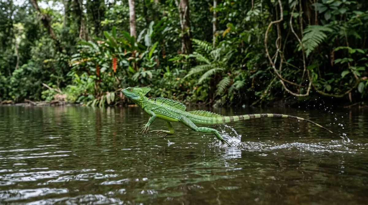 O pequeno lagarto capaz de correr sobre a superfície da água por alguns metros antes de afundar graças à combinação entre velocidade, formato dos pés e movimentos extremamente rápidos