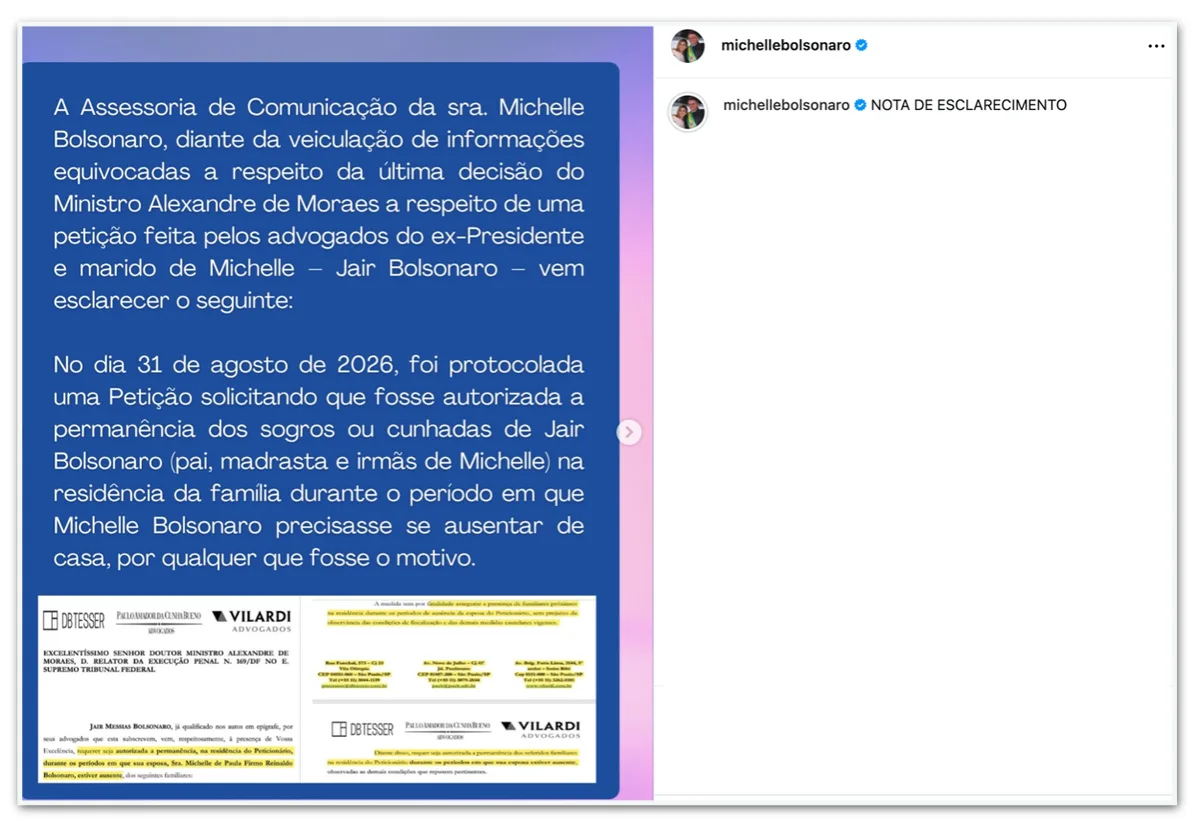 Michelle diz que decisão de Moraes mantém restrições à sua campanha