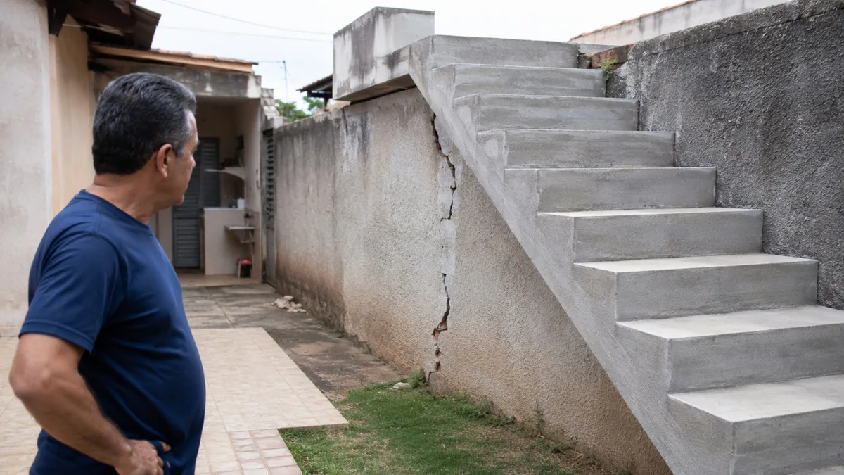 Morador descobre que nova escada da casa vizinha foi apoiada no muro divisório, fissuras aparecem e ele exige demolição da estrutura até apresentação de projeto