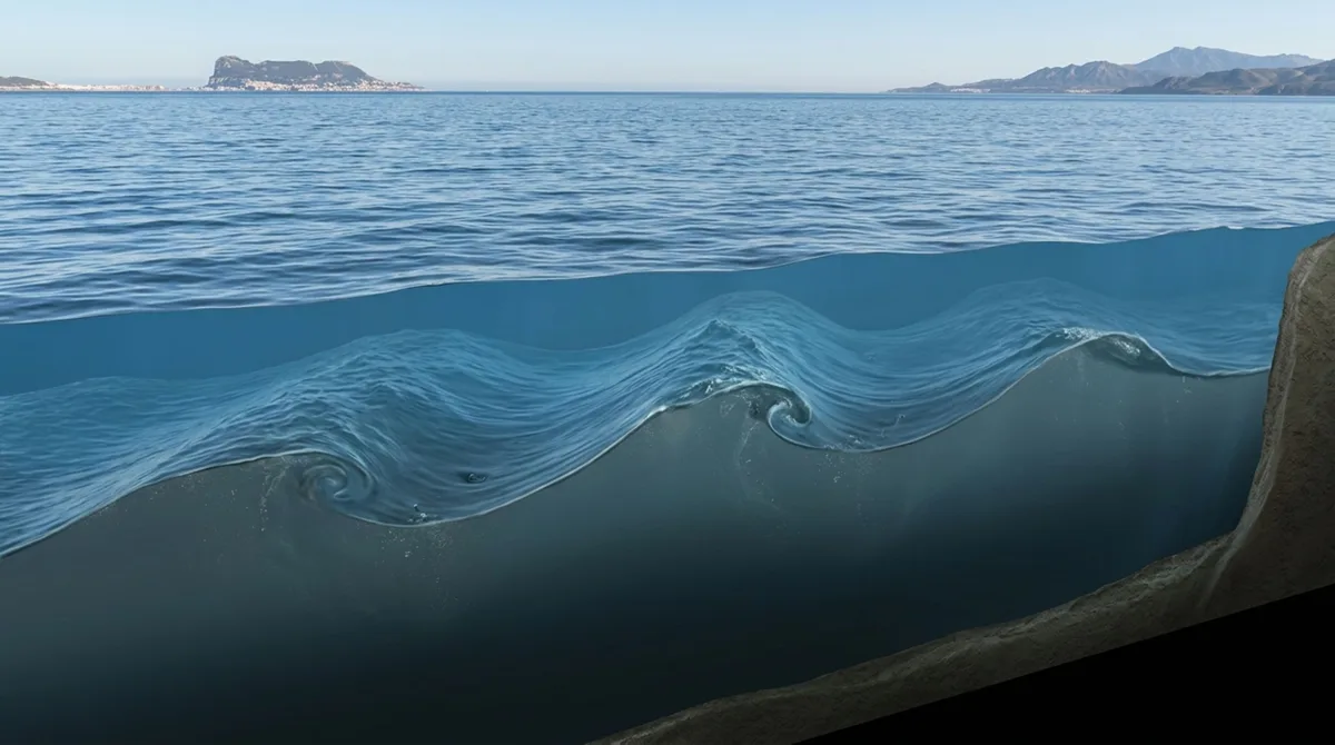 Ondas de até 100 metros atravessam o Estreito de Gibraltar sem formar muralhas na superfície, e durante alguns instantes um satélite consegue enxergar o que está acontecendo lá embaixo