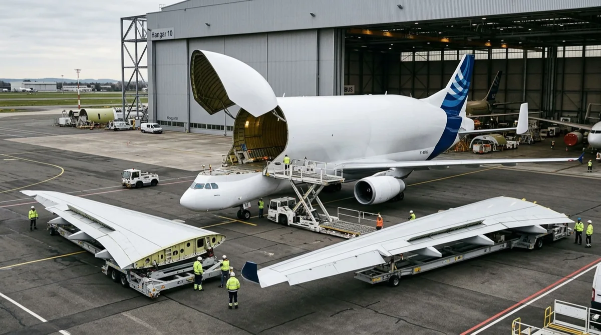 Com uma fuselagem larga o suficiente para transportar cargas que simplesmente não passam pelas portas de aviões convencionais, esta aeronave foi construída com uma enorme seção frontal capaz de se abrir para receber peças gigantescas de outros aviões