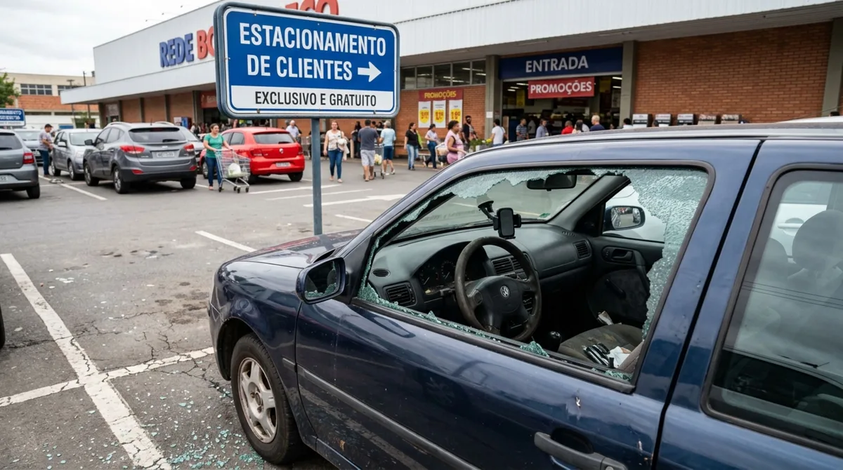 Cliente de supermercado tem celular de R$ 4 mil furtado de dentro de seu veículo enquanto fazia compras, a rede diz que não tem responsabilidade sobre os carros ou itens deixados nos veículos em seu estacionamento e consumidor sai no prejuízo